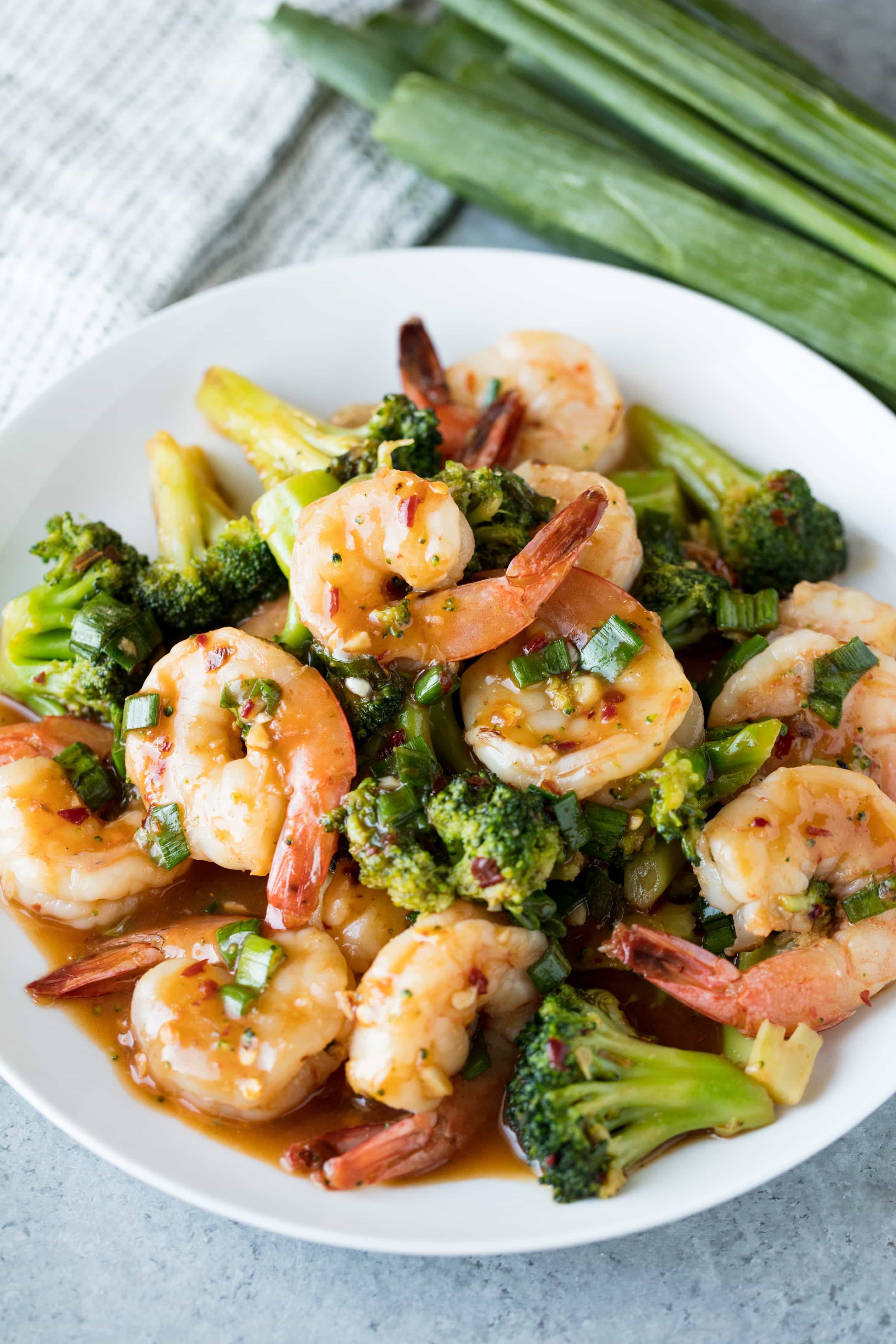 Shrimp and Broccoli in white bowl